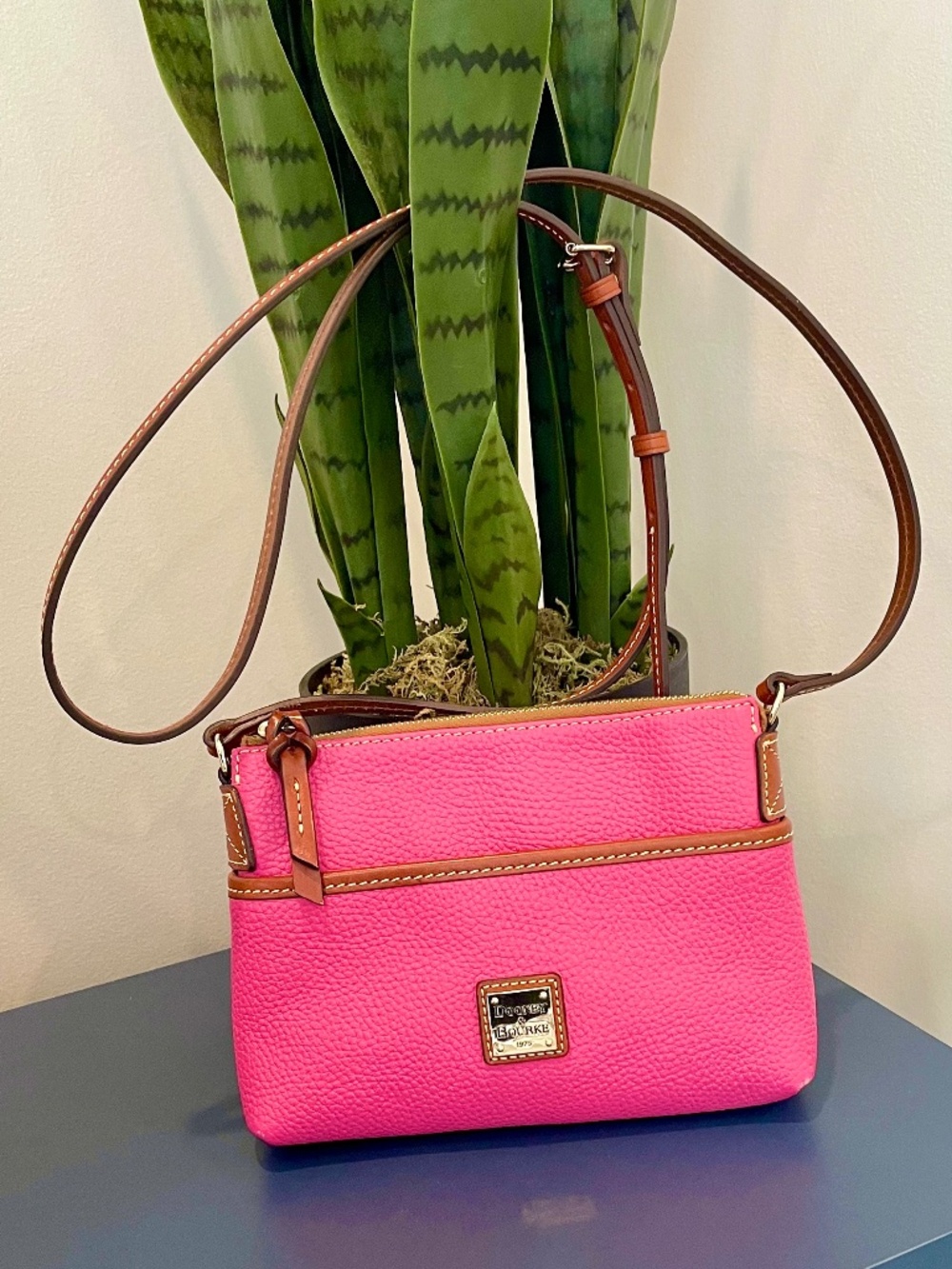 Dooney & Bourke Hot Pink Pebbled Leather Ginger Crossbody with Tan Trim